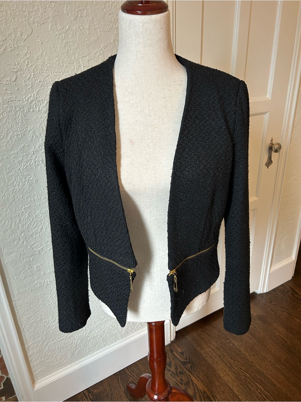 Ovi Black Open-Front Blazer with Gold Zippers